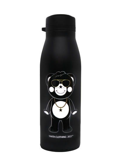 スタイリッシュなTANTAブランドのマスコット、チャッピーが描かれたブラックステンレスボトル