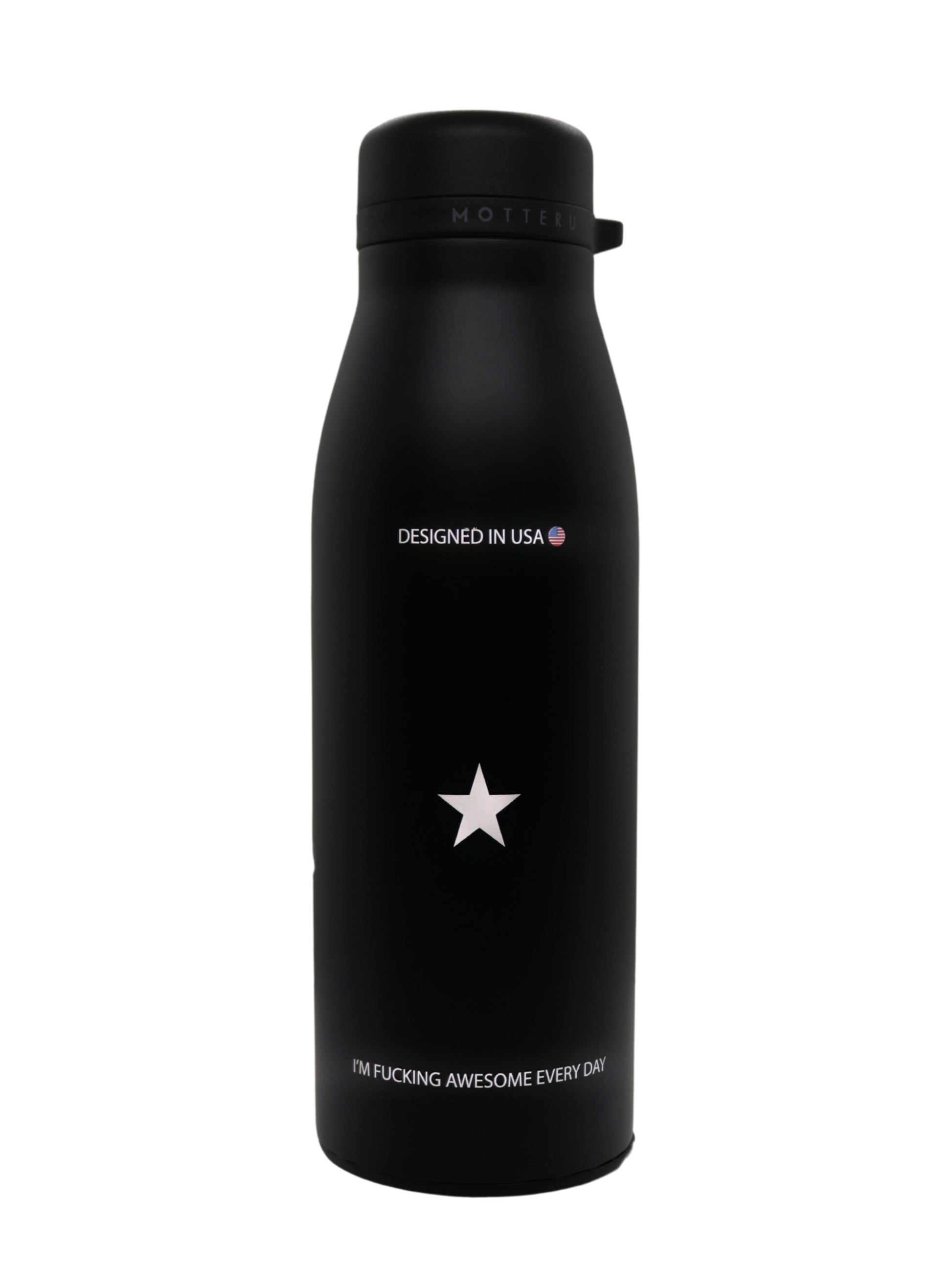 アメリカデザインのスタイリッシュなブラックステンレスボトル、日々の素晴らしさを称えるメッセージ付き